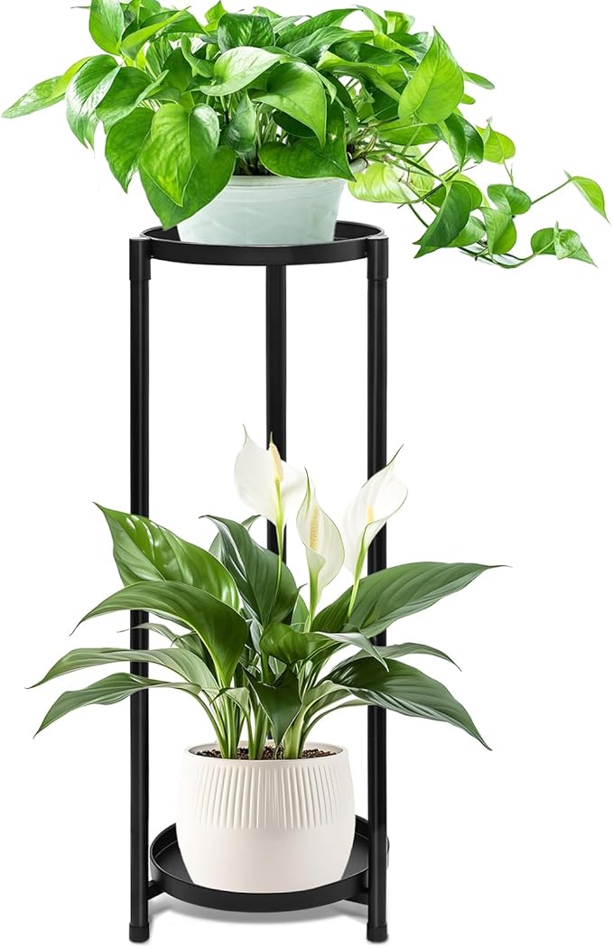 2 Tier Plant Stand Indoor Tall, Black Corner Tiered Round Plant Stand for Indoor Multiple Plants, Metal Flower Pot Stands Outdoor Holders Plant Shelf Display Rack for Balcony Living Room