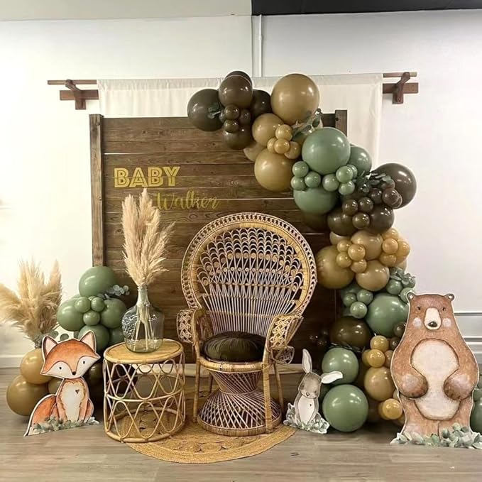 HILAVO Sage Green and Brown Balloons, 12 Inch Olive Green Brown and Gold Jungle Safari Balloons for Baby Shower Camo Army Woodland Forest Hunting Wild One Birthday Party Decorations
