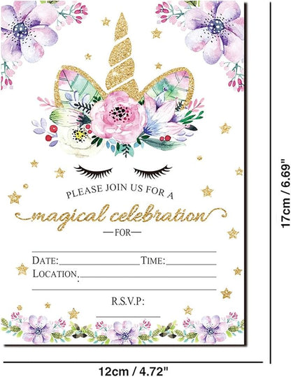 Magical Unicorn Birthday Invitations, Glitter Unicorn Invitations with Envelopes for Kids Birthday (24 Pack)