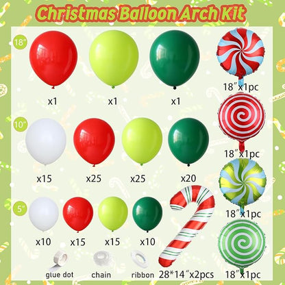 147 Pcs Christmas Balloon Garland Arch Kit with Xmas Red and Green Candy Cane foil Balloons, Red Green White Candy Balloons for for Christmas Party Decorations Birthday Supplies
