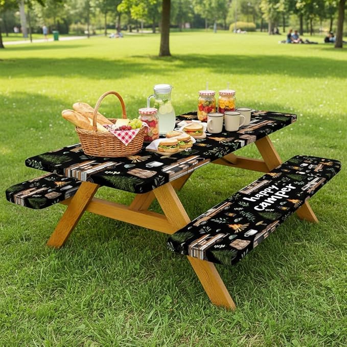 JAWO Picnic Table Cover with Bench Covers, Happy Camper Tablecloth,RV Plants Bonfire Black Rectangle Tablecloth for Indoor Outdoor Patio, 60x30 Inch