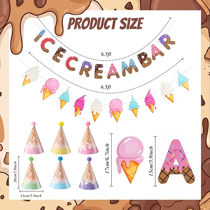 AmazingSpark 25 Pcs Ice Cream Party Supplies Set 24 Cone Hats with Pompoms 1 Banner, Ice Cream Bar Decorations for Birthday, Baby Shower, Summer Theme Party