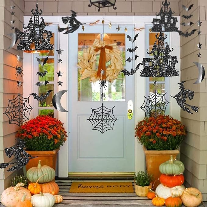 Cheerland Clearance Witch Decorations Gothic Hanging Banner Indoor Garland Glitter Black Decor Moon Star Glitter Garland Decoration Haunted House Witchcraft Decor Birthday Halloween Party Supplies