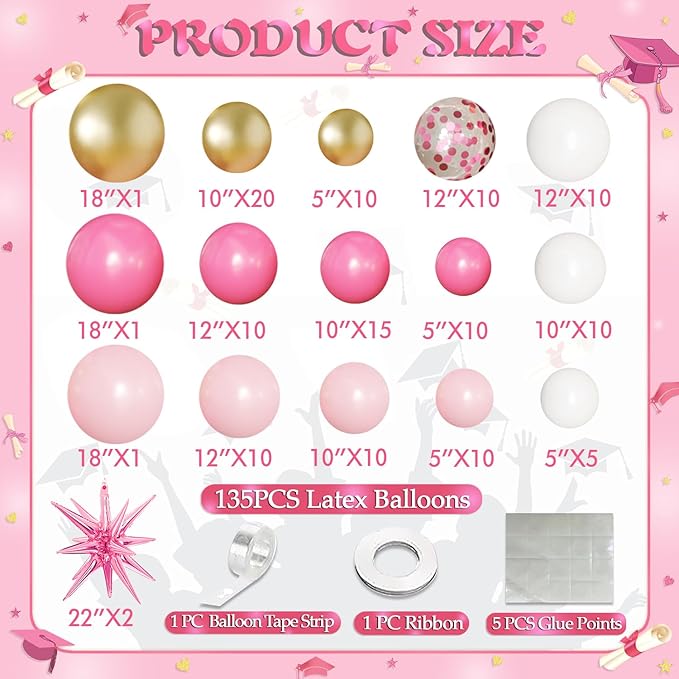 Pink Gold White Balloon Arch Kit Graduation Decorations 2026, 130Pcs Pink Gold Balloons and Foil Star Balloon with Confetti Ribbons Grad Party Decorations for College High School Class of 2026