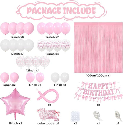 Pink Bow Birthday Decorations, Coquette Party Decoration for Girls Women Pastel Light Pink White Bow Latex Balloons Happy Birthday Banner Cake Topper for Baby Shower Bachelorette Party Decor Supplies