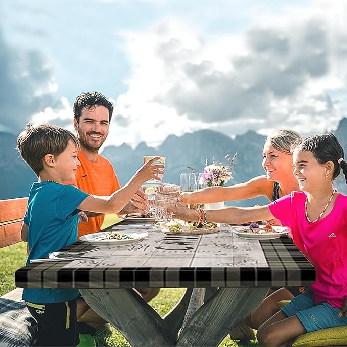 Picnic Table Cover with Bench Covers Elastic Edges, Brown Camper Fitted Table Cover, Outdoor Patio Camping Essentials 72 Inch 3PCS, Waterproof Camping Fitted Tablecloth with Drawstring Bag