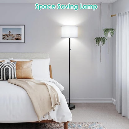 FOLKSMATE Floor Lamp for Living Room, Modern LED Simple Standing Lamps, Minimalist Tall Lamp for Bedroom, Living Room, Office, Kids Room, Reading Light, Black Pole Lamp with White Shade, Without Bulb