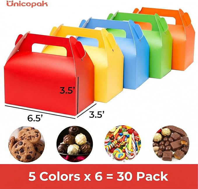 UnicoPak 30 Pack Party Favor Bag Boxes, Gable Gift Boxes with Handles for Candies Treats Goodies Cookies Happy Meals, Ideal for Theme Birthday Party, Classroom Events, Valentine's Day, 6.5x3.5x3.5 Inches