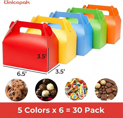 UnicoPak 30 Pack Party Favor Bag Boxes, Gable Gift Boxes with Handles for Candies Treats Goodies Cookies Happy Meals, Ideal for Theme Birthday Party, Classroom Events, Valentine's Day, 6.5x3.5x3.5 Inches