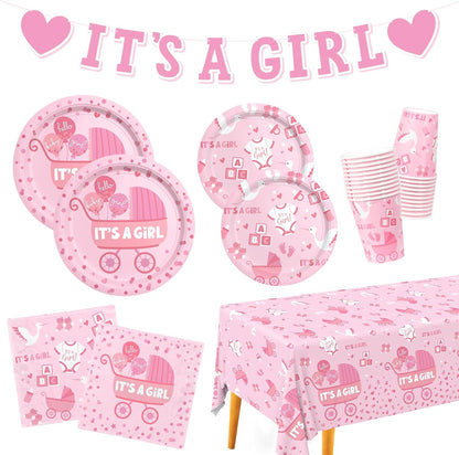 Baby Girl Shower Decorations for 24 Guests - It’s A Girl Decorations Kit Including Disposable Plates, Napkins, Cups, Tablecloth & Banner for Baby Shower Decorations Girl