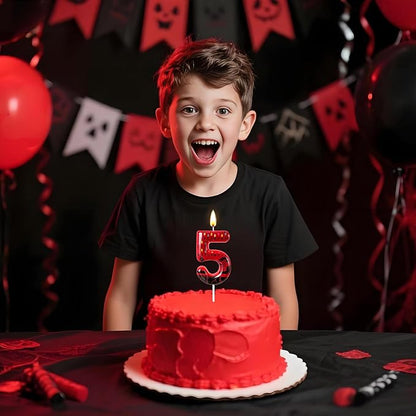 Red Number 5 Birthday Candle for Cake – Dark Horror Style with Alphabet Print & Shadow Design – Unique Cake Topper for Birthday, Anniversary, Themed Party Decoration