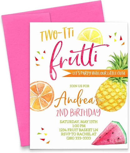 Twotti Frutti Birthday Invitations for Girls, Two-tti Frutti Birthday Invitations, 2nd Birthday Invitations for Girls, Your choice of Quantity, Info and Envelope Color