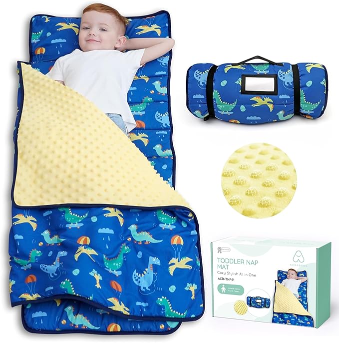 ACRABROS Toddler Nap Mat with Pillow and Blanket, Extra Large Rolled Napping Mats,Slumber Bags for Boys Girls,Kids Sleeping Bag for Daycare, Preschool Travel Camping, Dinosaur
