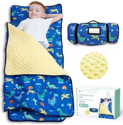 ACRABROS Toddler Nap Mat with Pillow and Blanket, Extra Large Rolled Napping Mats,Slumber Bags for Boys Girls,Kids Sleeping Bag for Daycare, Preschool Travel Camping, Dinosaur