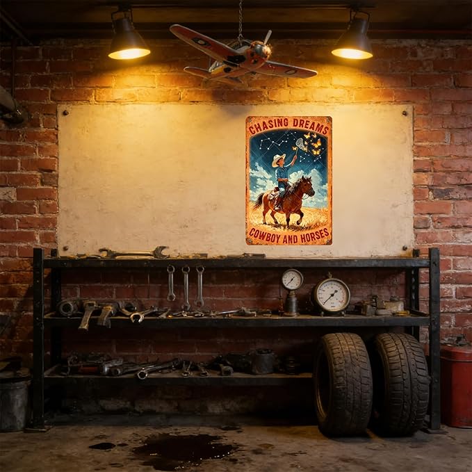 Cowboy and Horses Sign Cowboy Vintage Tin Sign Chasing Dreams Metal Poster Home Farmhouse Wall Decor 16x12 Inch