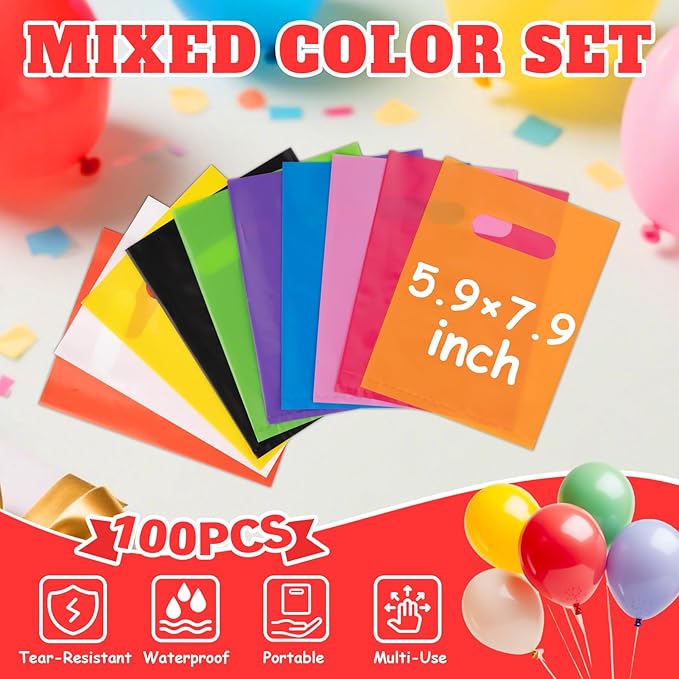 ANZNKU 100 Pcs Multicolor Party Favor Small Gift Bags with Handle for Easter Candy Treat Craft, Portable Goodie Bag for Kids Birthday Party, Reusable Gift Bag Bulk for Small Business(5.9x7.9 inch)