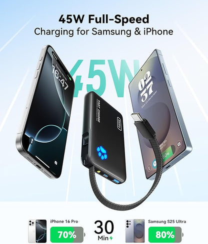 INIU Portable Charger with Flashlight, 45W Fast Charging Tablet Power Bank with USB C Cable, 10000mAh Powerbank, Battery Pack for iPhone 17 16, iPad, Samsung S25 etc Travel Essential, Emergency Light