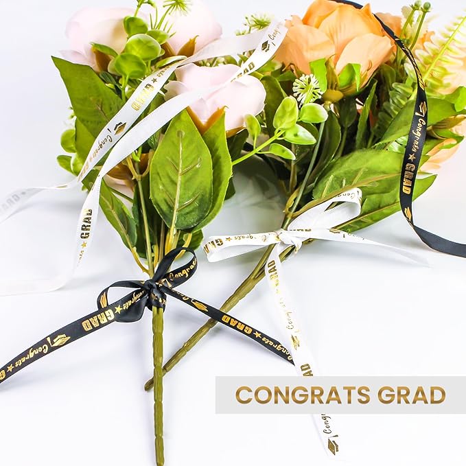 2 Rolls 50 Yards Graduation Ribbon 3/8 Inch Wide, Congrats Grad Gold Satin Ribbon for Gift Wrapping Class of 2026 Graduation Party Decorations DIY Crafts