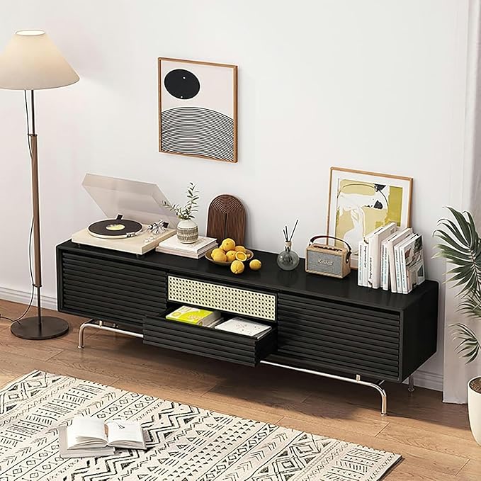 TV Stand TV Stand, Modern Entertainment Center, TV-Console with Cable Hole, Wood TV Cabinet, No Assembly Required, TV Tables with Storage, for Living Room, Bedroom(Black,Wood Leg)
