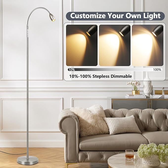 Reading Floor Lamp, 72" Tall LED Lamp with Flexible Gooseneck, Dimmable Zoomable Spotlight, Adjustable Color Beam Standing Lamp, Touch & Remote Control, Task Craft Bedroom Living Room (Brushed Nickel)