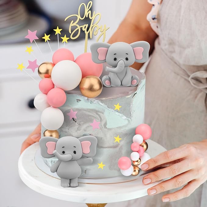 Yinder Bear Cake Toppers Mini Bear Cake Decorations Cake Toppers Gold White Pearl Ball for Birthday Party Decorations(Gray, Pink,Elephant Style)
