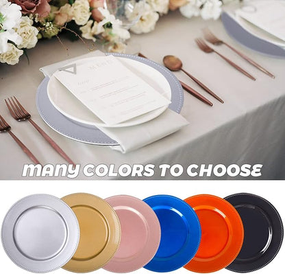 MAONAME Silver Charger Plates Set of 6, Round Dinner Chargers with Beaded, 13 Inch Plastic Plate Chargers for Wedding, Table Decor