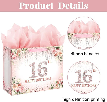 Laidans Sweet 16th Happy Birthday Gift Bag with Tissue Paper and Card for Girls Kids Birthday Party (Rose Gold) (16th)