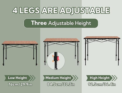 Join Nature Portable Outdoor Adjustable Height Camping Table, Large for 2-6 Person, Foldable Roll-up Aluminum Camp Table with Carry Bag for Picnic, Camp, Sturdy, Stable, Loads 220 Lbs
