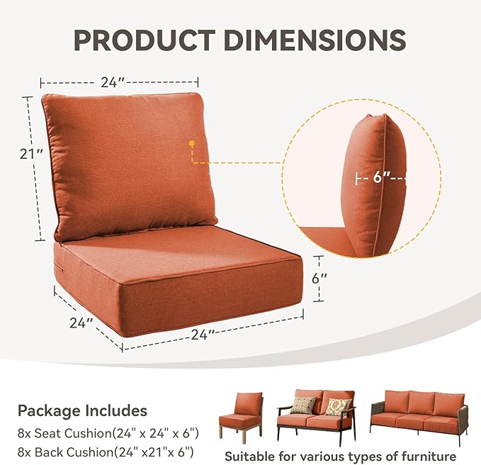 Outdoor Cushion Set for Furniture Patio Furniture, UV Resistant, Water Resistant - 6 Inch Thick Foam Garden Cushions– 24x24 Inch Patio Seat Covers for Chair/Sofa/Couch | Orange | 8-Pack |