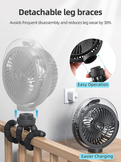 Misting Stroller Fan, 6000mAh Battery Operated Portable Fan with Light & 360° Pivoting, Personal Fans with Flexible Tripod for Baby, Office, Travel,Treadmill,Outdoors