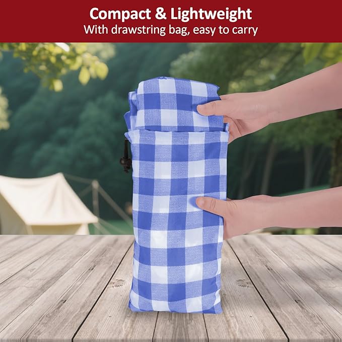 6ft Picnic Table and Bench Cover, Camping Essentials RV Gear, 72in Waterproof Windproof Outdoor Elastic All Around Tablecloth, Fitted Rectangle Tables and Seats, Blue-White Checkered