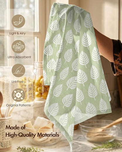 Miss Adola 2 Pack Flour Sack Kitchen Towels - 16x26 Inch Cotton Dish Towels with Hanging Loop Reusable Geometric Boho Modern Retro Tea Towel Absorbent Dishcloths Home Decor, Green Leaf