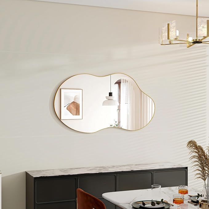 SHYFOY Large Irregular Wall Mirror Decorative, 22"x43" Antique-Gold Mirror for Wall Decor Wavy Accent Mirrors Asymmetrical for Living Room Bathroom Bedroom Entryway