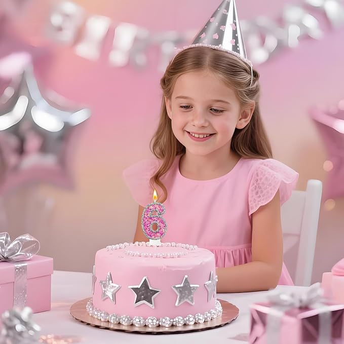 Number 6 Birthday Candle for Cake – Silver Glitter Edge with Pink Star Confetti – Decorative Number Cake Topper for Anniversary & Celebration Party Decor