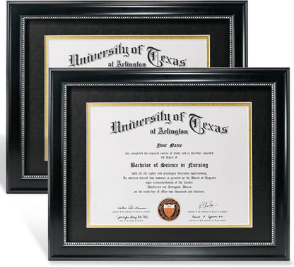 GraduationMall 8.5x11 Diploma Frame with Black over Gold Mat or Display 11x14 Document without Mat, UV Protection Acrylic, Black with Silver Beads, Set of 2