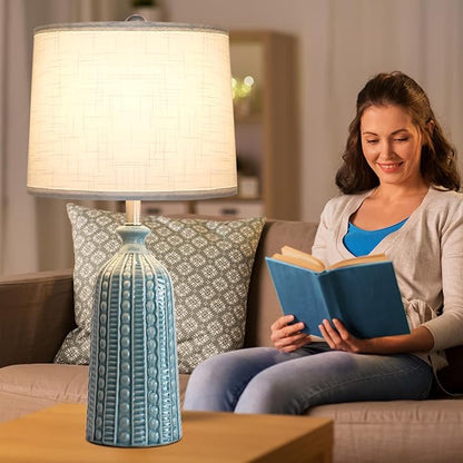 JUNNAI Green Ceramic Table Lamp 24.5": 3-Way Dimmable Nightstand Lamp with White Drum Lamp Shade | Modern Bedside Lamp for Bedrooms & Living Room (Bulb Included)
