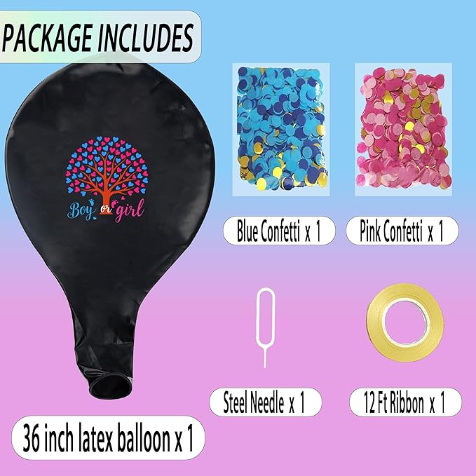 Giving Tree Gender Reveal Balloon Popping Ideas, 36" Jumbo Black Baby Boy or Girl Balloons with Blue Pink Confetti, Perfect for Baby Shower Gender Reveal Parties