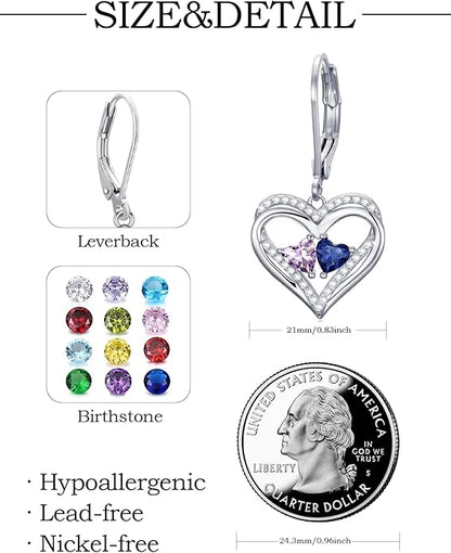 Valentines Day Gifts for Women, Heart Leverback Earrings Double Birthstone Dangle Earrings for Women, Love Jewelry for Her, Anniversary Birthday Gift for Mom Wife Girlfriend