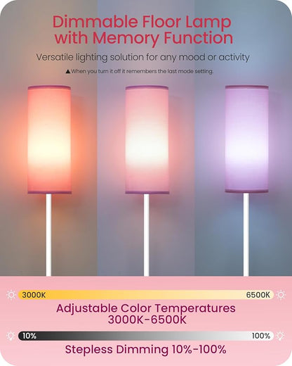 Dimmable Floor Lamps for Living Room with Remote and Foot Switch, 64.4” Modern Standing Tall Lamp, Corner Lamp for Bedroom, Bulb Included, 3000K-6500K, FCC Listed, Pink and White WP06LD05W1