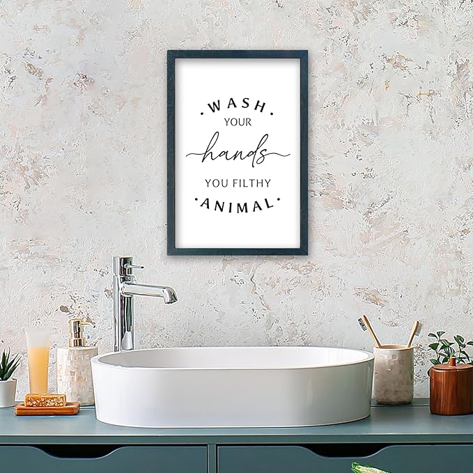 Wash Your Hands Ya Filthy Animal Sign 16"×11" Bathroom Restroom Toilet Laundry Room Humorous Wall Art Decor Funny Quote Washroom for Wood Framed Wall Hanging (Black)