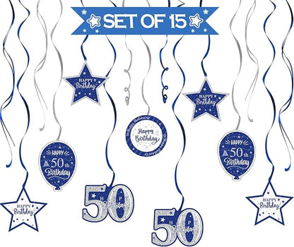 Happy 50th Birthday Blue & Silver Glitter Swirls Streamers Party Decorations - 15 Pcs 50th Birthday Hanging Swirls Streamers Kit,Cheers to Fifty Years Old Bday Party Sign.