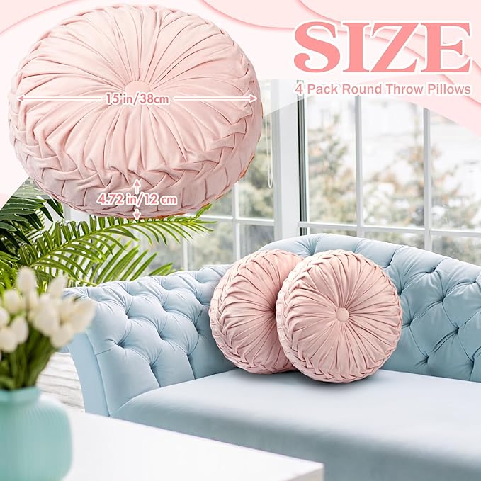 4 Pcs Round Throw Pillows 15 Inch Decorative Velvet Pleated Pumpkin Floor Boho Pillows for Living Room Couch Chair Bed Sofa (Light Pink)