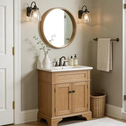 WallBeyond 24 Inch Natural Round Wood Mirror, Circle Wooden Frame Wall Mirror for Bathroom, Living Room, Bedroom, Entryway