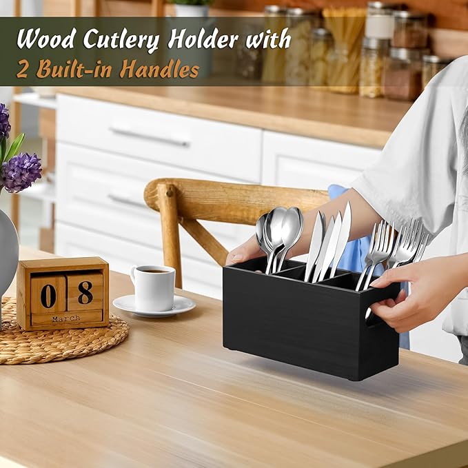 DRASTAR Silverware Holder, Wooden Utensil Caddy, Silverware Organizer Countertop, Cutlery Holder for Party, Fork Spoon Knife Organizer，Black