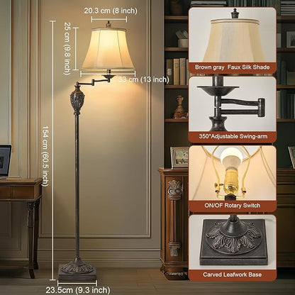 Traditional LED Floor Lamp with 350° Adjustable Swing Arm Lamp – Vintage Standing Pole lamp for Living Room, Bedroom and Office – Rustic Upright Floor Light for Home Décor with Faux Silk Fabric Shade
