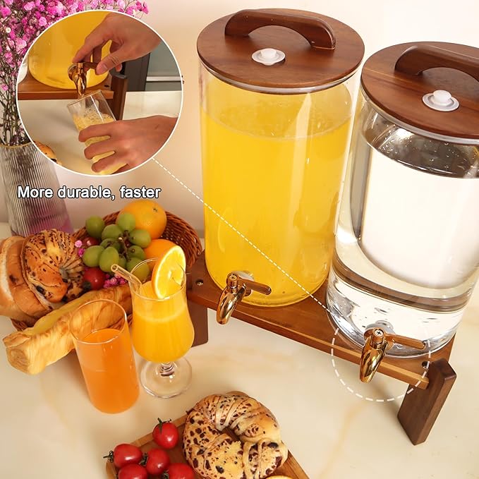 2PCS 1.6 Gallon Drink Dispenser,Glass Water Dispenser with Stand,Beverage Dispenser with Stainless Steel Spigot,Drink Dispensers for Parties,Bars,Restaurants