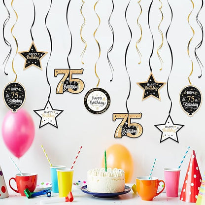 Happy 75th Birthday Black & Gold Glitter Swirls Streamers Party Decorations - 15 Pcs 75th Birthday Hanging Swirls Streamers Kit,Perfect for 75th Bday Party Sign.