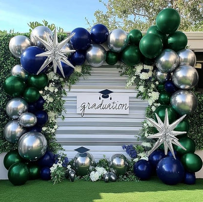 Navy Blue Green Silver Balloon Garland Double Stuffed Dark Green Silver Forest Navy Balloon Metallic Arch Kit for Birthday Football Game Dinosaur Graduation Party Decoration