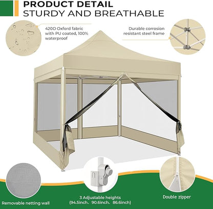 COBIZI 10x10 Heavy Duty Pop Up Canopy Tent with 4 Sidewalls, Easy Set Up Outdoor Waterproof Screen Commercial Party Tent with Mosquito Netting for Parties Backyard Patio, Carry Bag, Khaki