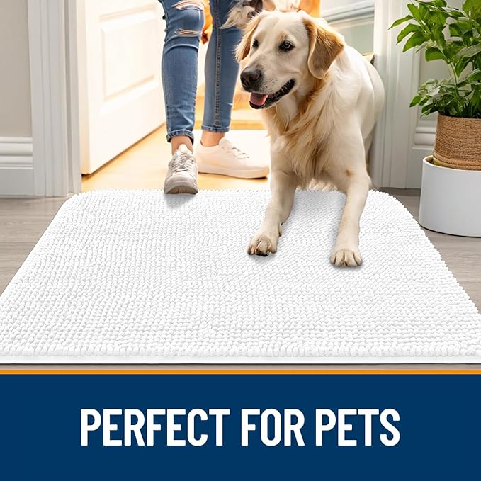 OLANLY Dog Door Mat for Muddy Paws 48x30, Absorbs Moisture and Dirt, Absorbent Non-Slip Washable Doormat, Quick Dry Chenille Mud Mat for Dogs, Entry Indoor Entryway Carpet for Inside Floor, White